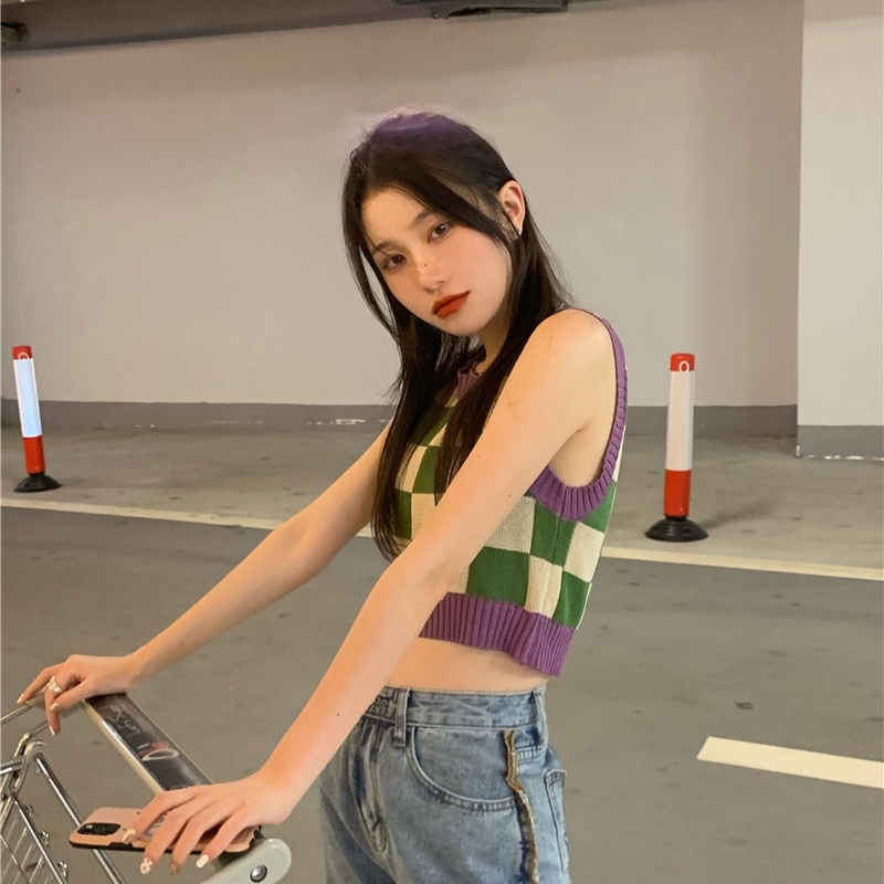 SUXI Áo Tank Top Hai Dây Dáng Ôm Kẻ Sọc Ca Rô Thời Trang Mùa Hè Quyến Rũ Cho Nữ