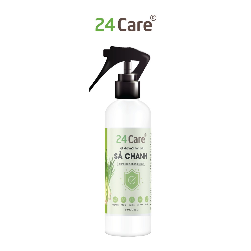 Xịt phòng tinh dầu Sả Chanh 24Care 250ml - Khử mùi thơm phòng, sát khuẩn, đuổi muỗi xua đuổi côn trùng