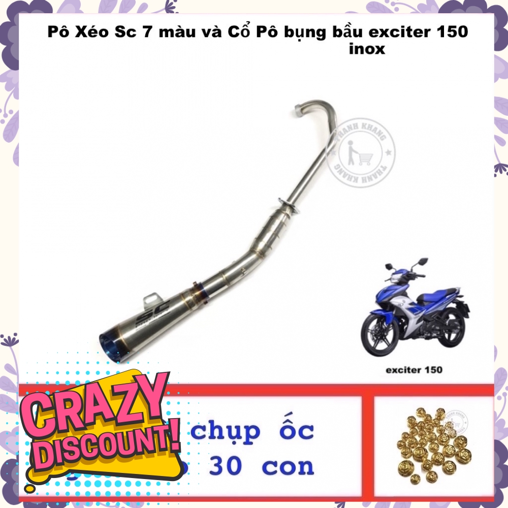 Pô SC xéo 7 màu và cổ pô bụng bầu inox, tặng bộ chụp ốc ngôi sao 30 màu vàng thanh khang 006001319 006001311 006000560