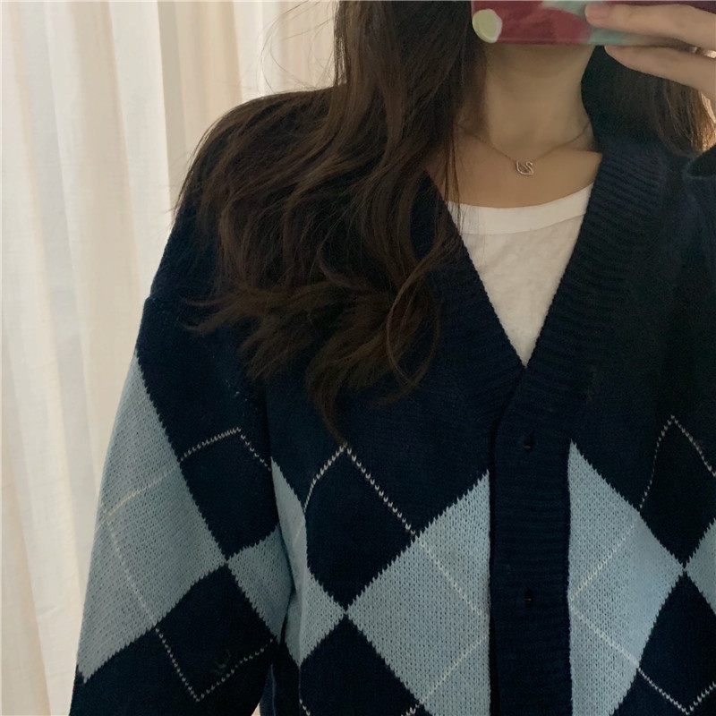 Áo cardigan YUNA khoác ngoài dệt kim tay dài dáng rộng họa tiết kim cương phong cách thời trang Hàn Quốc_A012