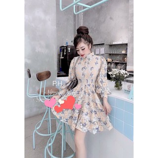 Váy đầm hoa cúc cổ tàu dáng xòe-váy hoa cúc tay bồng