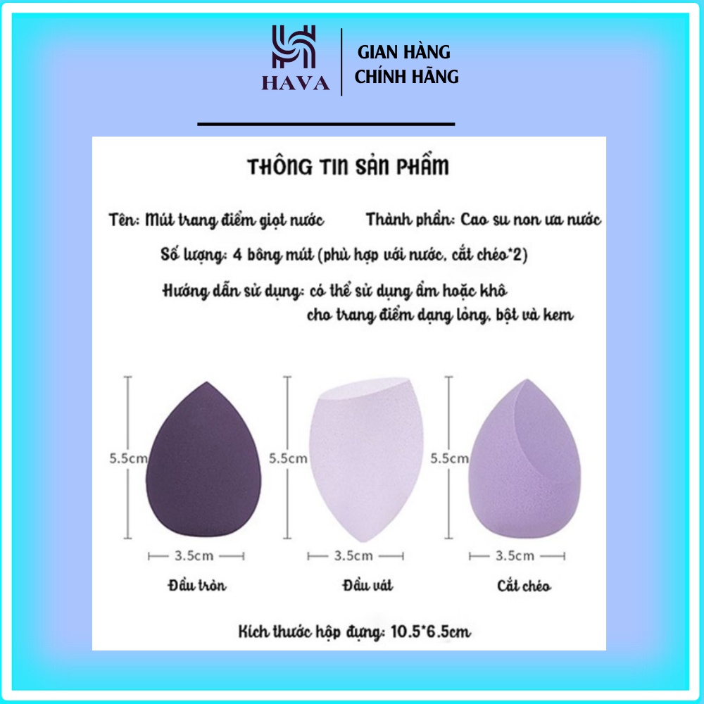Set 4 Mút tán kem nền dạng giọt nước mềm mại tiện dụng HAVA SHOP