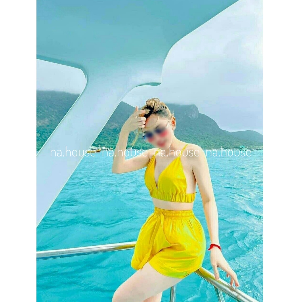 SET BỘ ĐÙI 3 MÓN ĐI BIỂN ĐI CHƠI NAHOUSE SET ÁO BRA MIX QUẦN KÈM KHOÁC THIẾT KẾ TRẺ TRUNG NĂNG ĐỘNG MÀU VÀNG HỒNG XANH