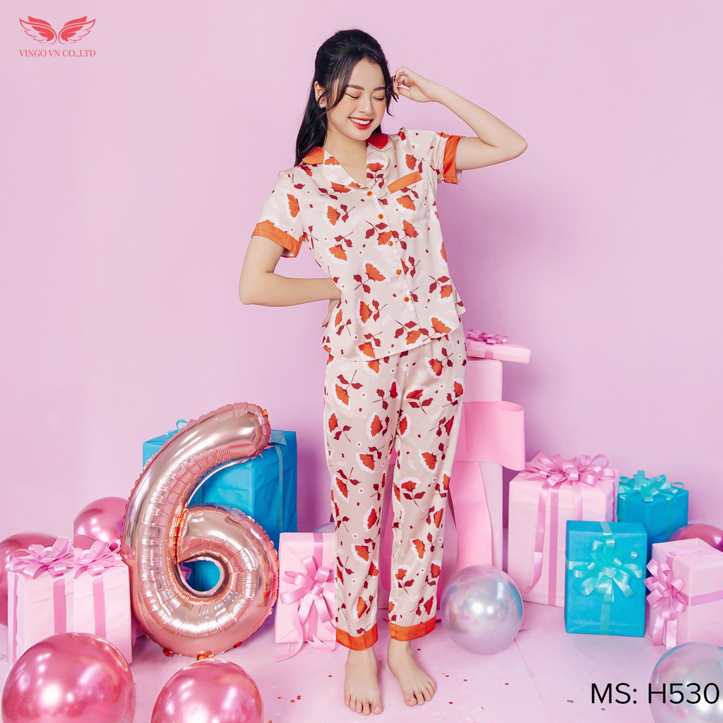 Bộ Đồ Pyjama Mặc Nhà Nữ VINGO Chất Liệu Lụa Pháp Cao Cấp Tay Cộc Quần Dài Họa Tiết Lá Ngân Hạnh Cam H530 VNGO - TCQD | WebRaoVat - webraovat.net.vn