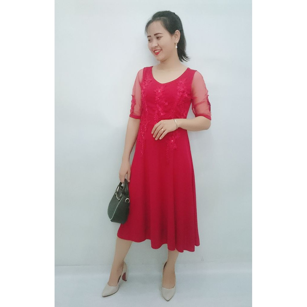 ĐẦM XÒE TRUNG NIÊN ĐẸP, HỞ LƯNG, CỔ V, PHỐI LƯỚI, DỰ TIỆC, DẠO PHỐ, PHONG CÁCH, LỊCH SỰ