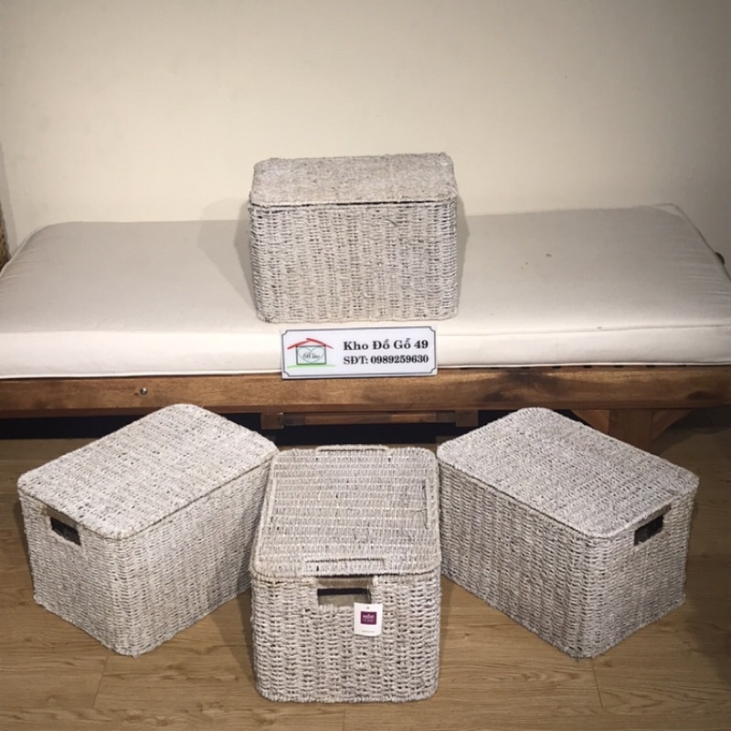 Giỏ sọt cói chữ nhật/ storage box đựng đồ trang trí, có nắp, Xuất Khẩu Trung Đông KT40x30x25cm.