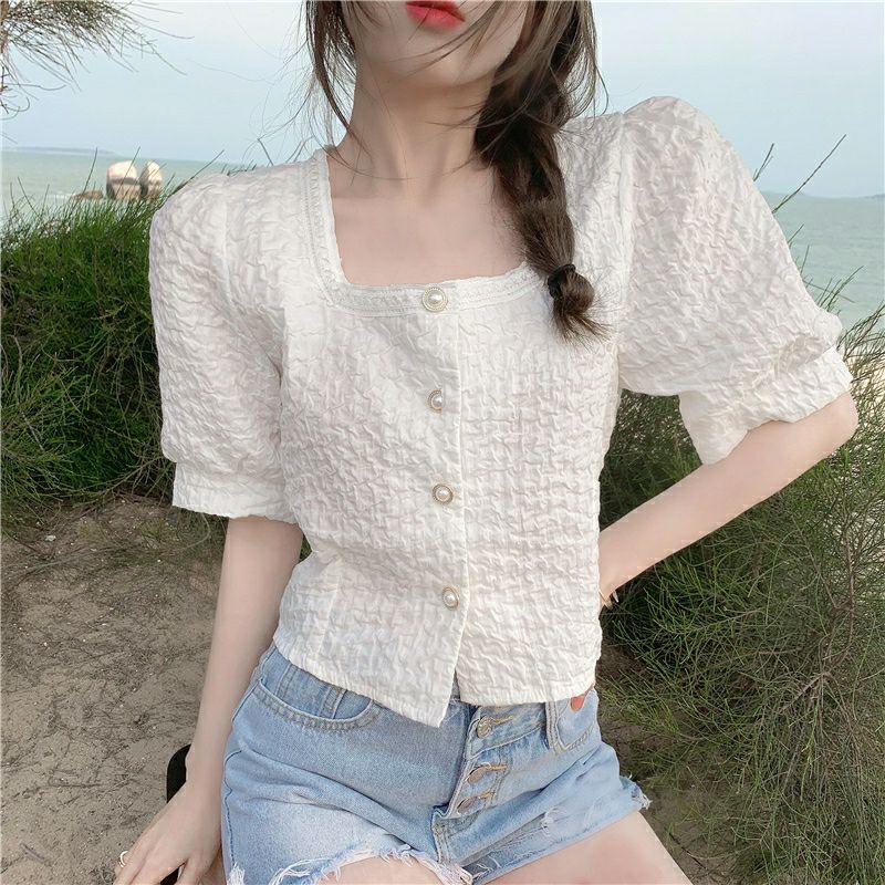 ÁO CỔ VUÔNG DÁNG NGẮN TAY BỒNG VẢI XỐP NỔI 2 MÀU HOT HIT