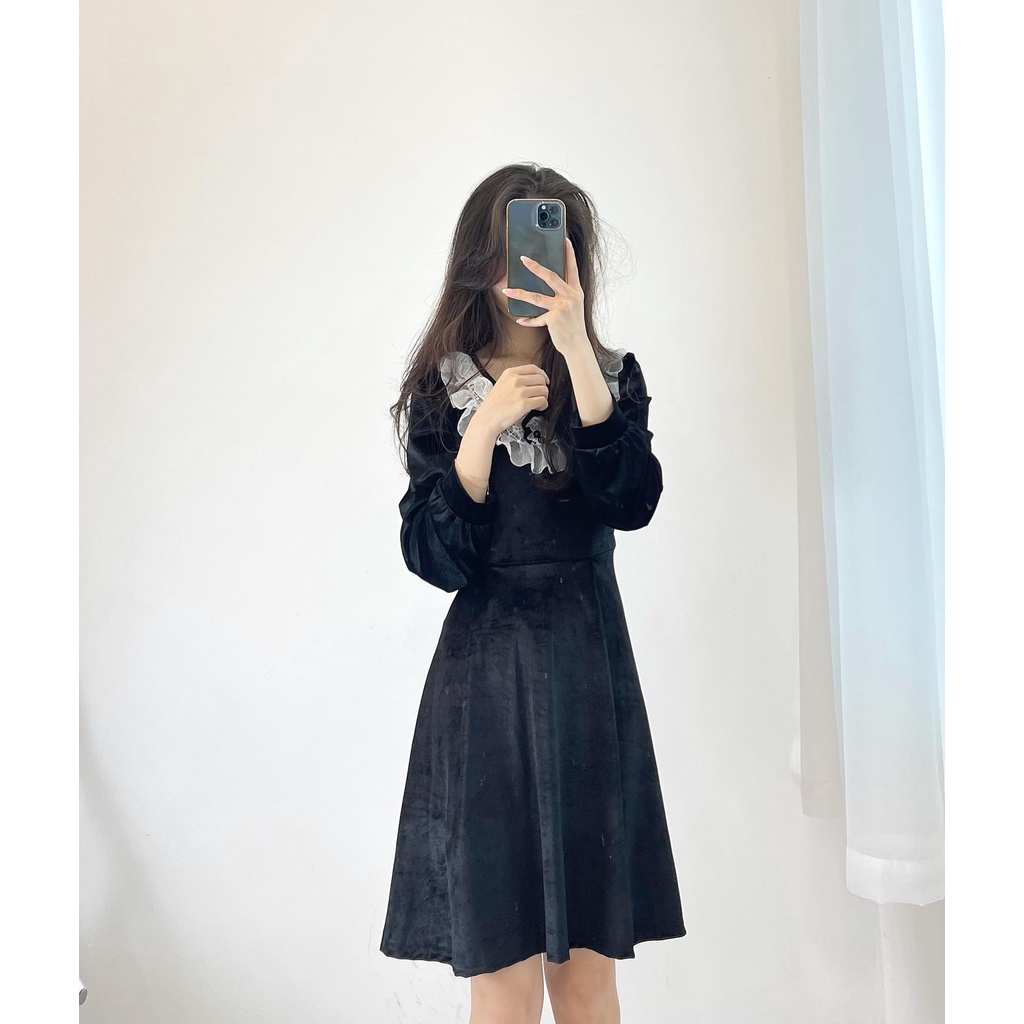 (FREESHIP) đầm nhung đen cổ bèo trắng miho.house