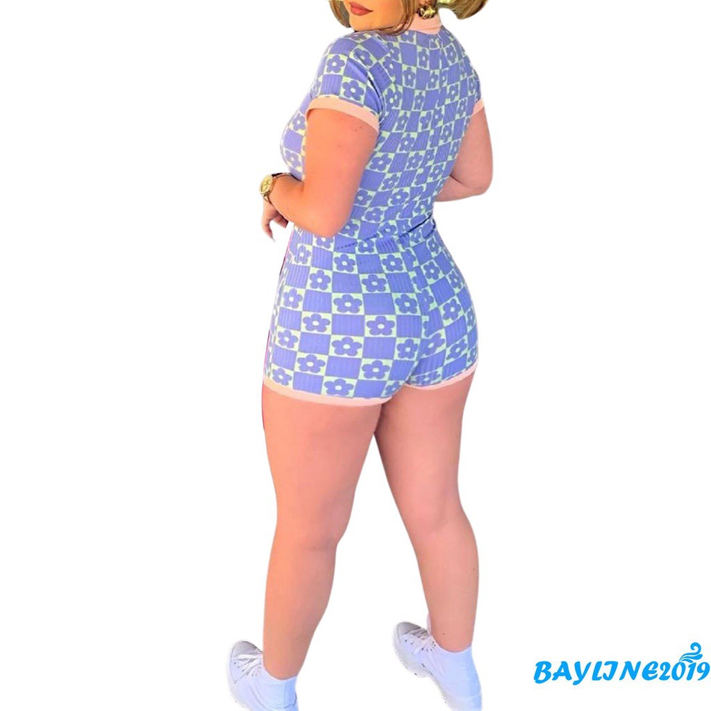 Áo Liền Quần Ngắn Tay Cổ Bẻ Cài Nút In Họa Tiết Thời Trang Cho Nữ