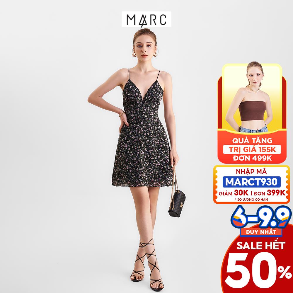 Đầm 2 dây nữ MARC FASHION mini họa tiết hoa cổ V FAVH032022