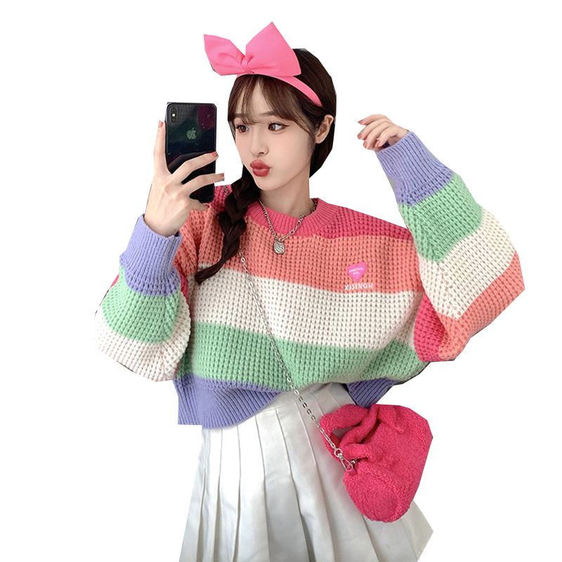 Áo Sweater Tay Dài Kẻ Sọc Màu Sắc Tương Phản Thời Trang Thu Đông Phong Cách Hàn Quốc