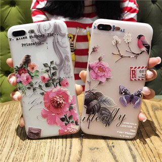 Ốp Iphone hoa châu âu phong cách mới Iphone 6/6plus 7/7plus 8/8plus X hoa đào hồng hoa chim bướm