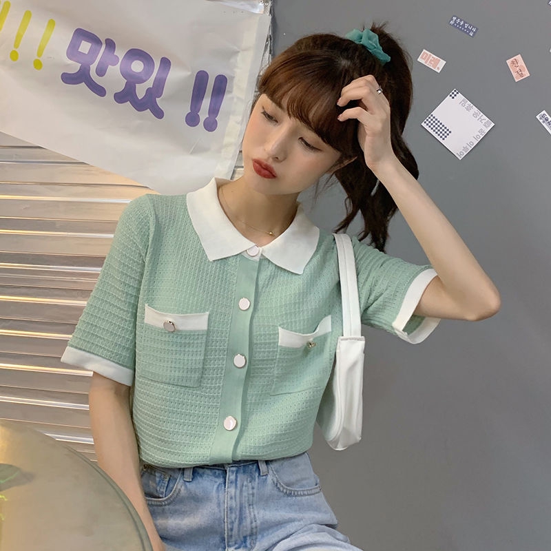 Áo Sơ Mi Tay Lửng Ôm Dáng Hai Túi Màu Sắc Tương Phản Phong Cách Hàn Quốc Thời Trang Cho Nữ