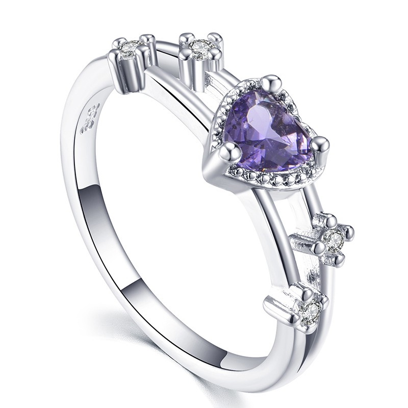 S925 Nhẫn Aifei R978 mạ bạc 025 đính kim cương tím nhân tạo hình trái tim cho nữ
