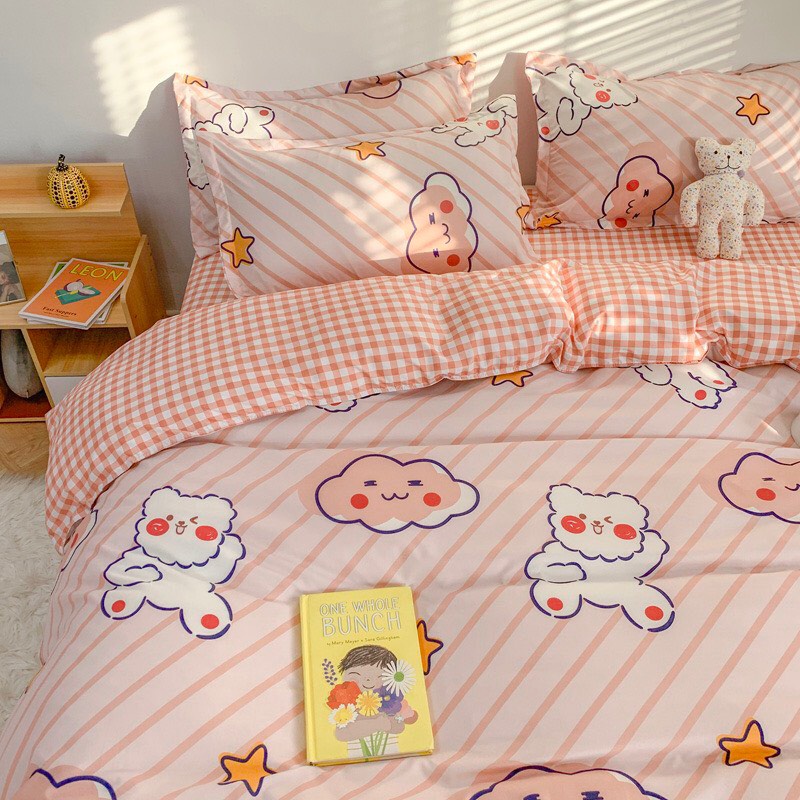 Bộ Chăn ga gối cotton poly - Mẫu mây hồng.