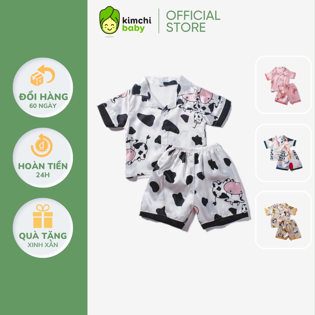 Bộ Pyjama Bé Gái KIMCHIBABY Vải Lụa Mềm Mát Hoạ Tiết Bò Sữa, Bộ Đồ Cho Bé Mặc Nhà Mùa Hè CK29