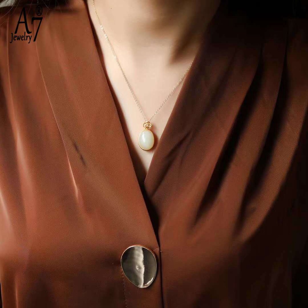 Vòng cổ Bạc 925 Mặt Đá Ngọc Bích Trắng Hình Oval Kiểu Dáng Thanh Lịch Dành Cho Nữ