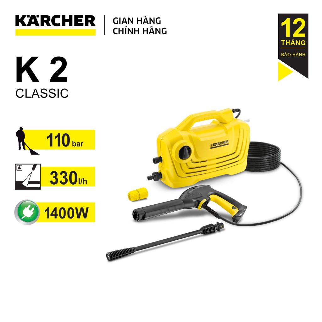 Máy Rửa Xe KARCHER Cầm Tay K2 Classic Động Cơ Chổi Than Áp Lực Cao Giúp Làm Sạch Ô Tô Xe Máy