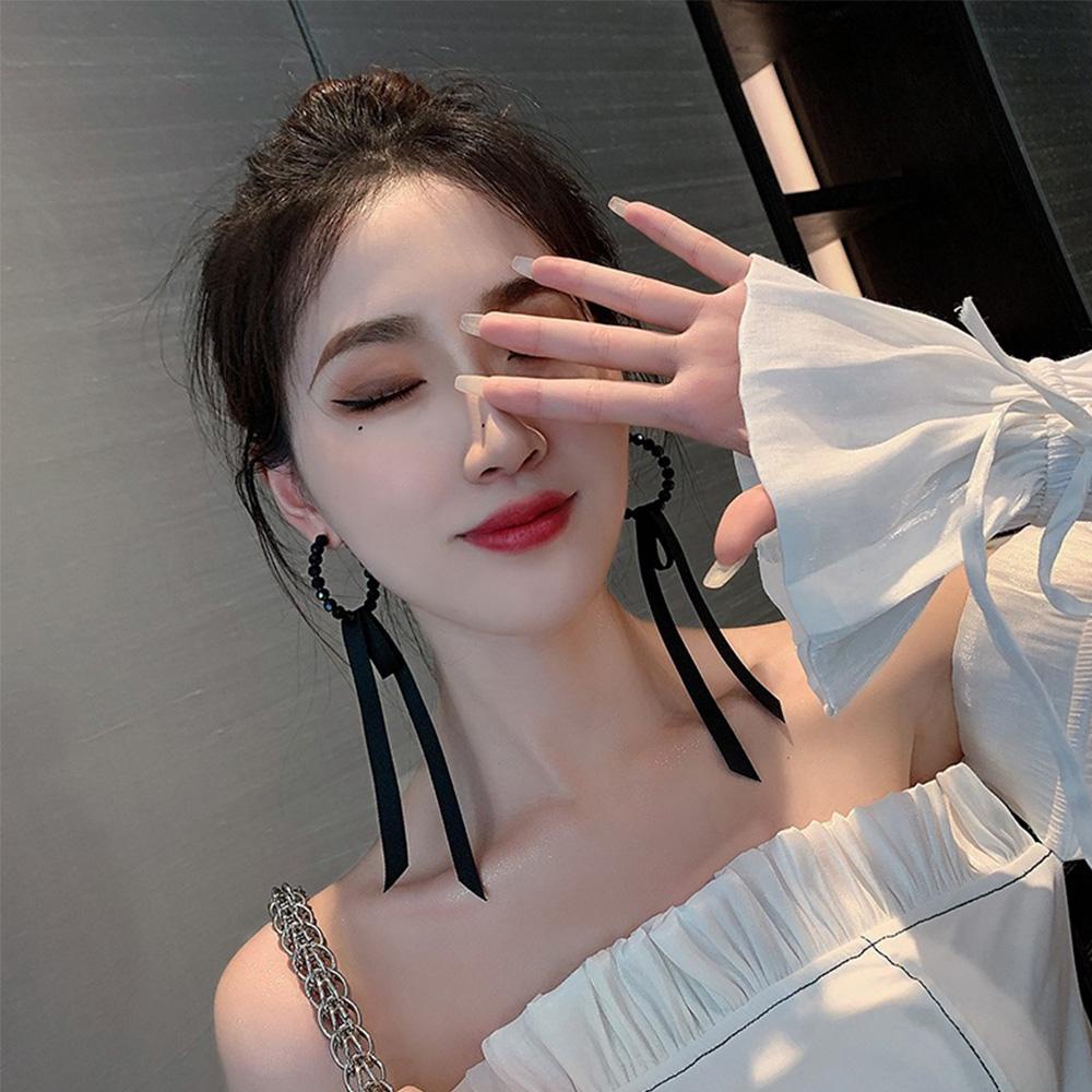 Bông Tai Dáng Dài Phối Dây Ruy Băng Đính Hạt Thời Trang Cho Nữ