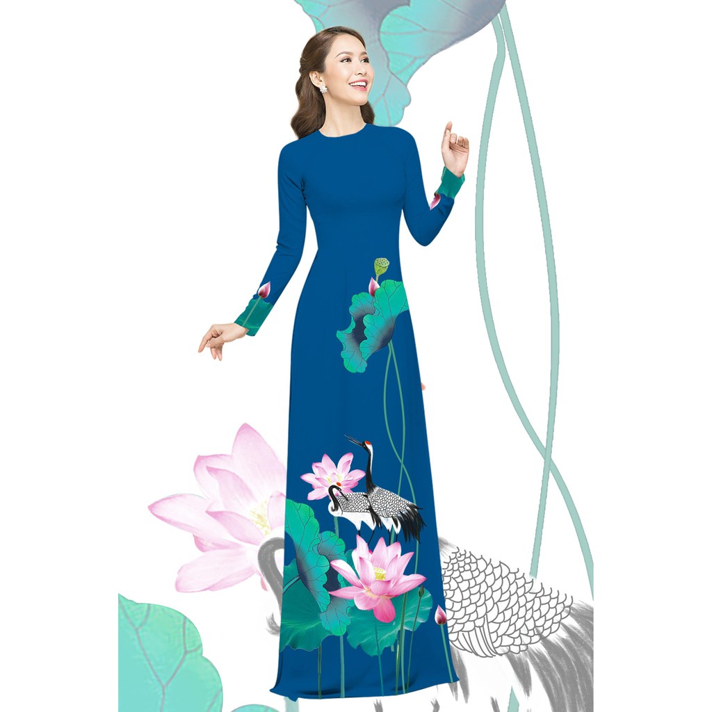 Áo dài truyền thống nữ in sen hạc cao cấp - KHÔNG KÈM QUẦN