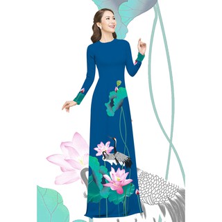 Áo dài truyền thống nữ in sen hạc cao cấp - KHÔNG KÈM QUẦN