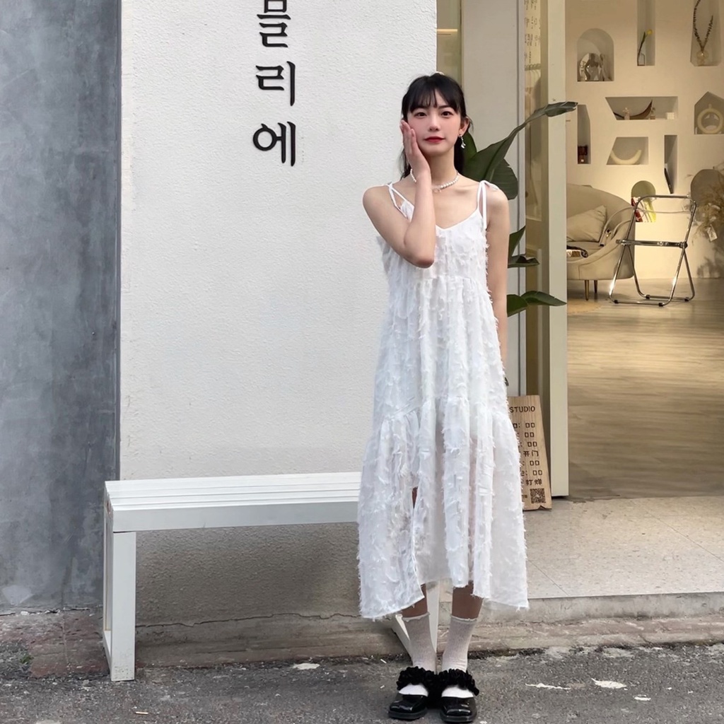 Váy Đầm Hai Dây Hoa Xù Dáng Dài Phong Cách Bánh Bèo Tiểu Thư, Váy Đầm Babydoll dáng dài