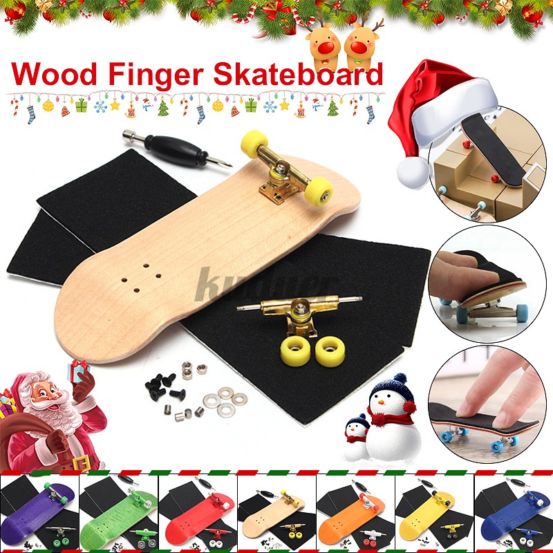 Complete Wooden Fingerboard Skate BoardWood with Bearings Foam Tape Grit Box 4'