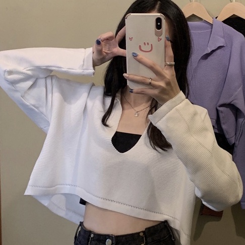 【ZHELIHANGFEI】Áo Dệt Kim Tay Dài Cổ POLO Eo Cao Hở Rốn