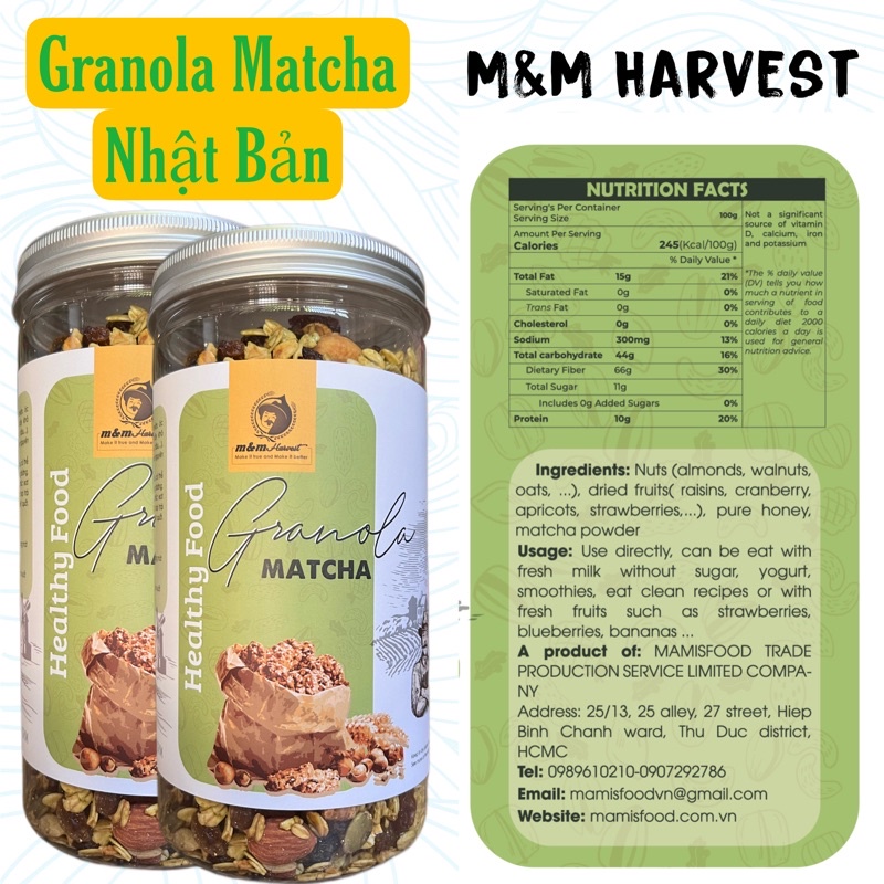 GRANOLA 90% quả hạt vị Matcha Nhật Bản ĂN KIÊNG, KHÔNG ĐƯỜNG 500g