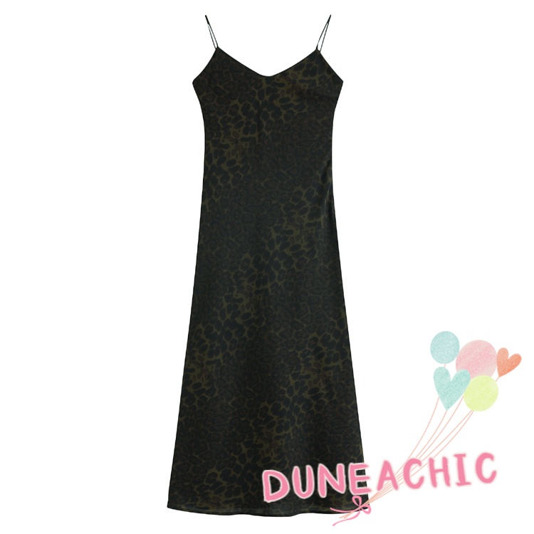 DUNEA Đầm Dây Nữ Cộc Tay Cổ Chữ V In Họa Tiết Da Báo Thời Trang