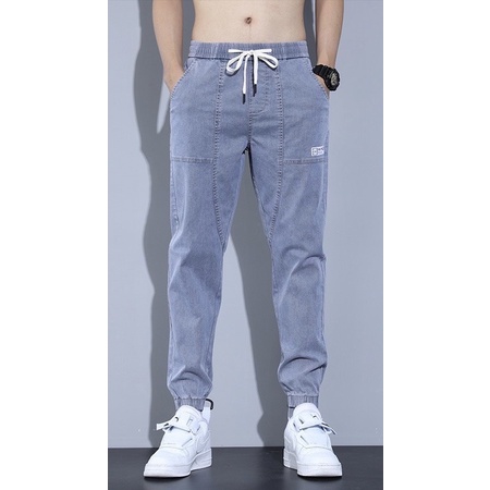 Quần jogger jean bò chun gấu 2 màu xanh xám basic phong cách Hàn Quốc đủ size nam 28-32