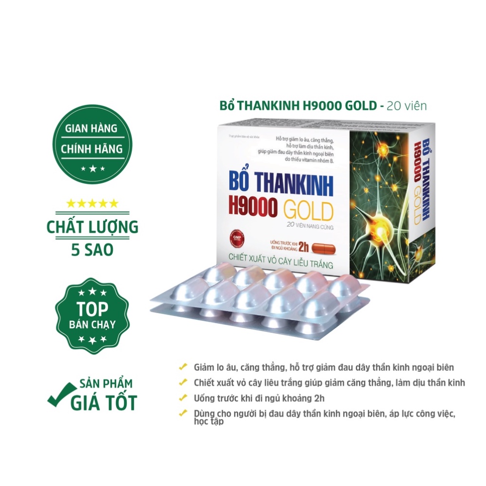 Bổ THANKINH H9000 GOLD Giảm Lo Âu Căng Thẳng Đau Nhức Đầu bổ thần kinh hộp 20 viên