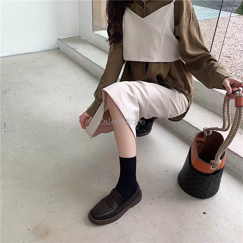 ẢNH THẬT VIDEO MỚI VỀ Giày moca loafer bệt văn phòng lười xỏ da mềm nữ 3cm có sẵn cao cấp ĐEN NÂU ulzzang