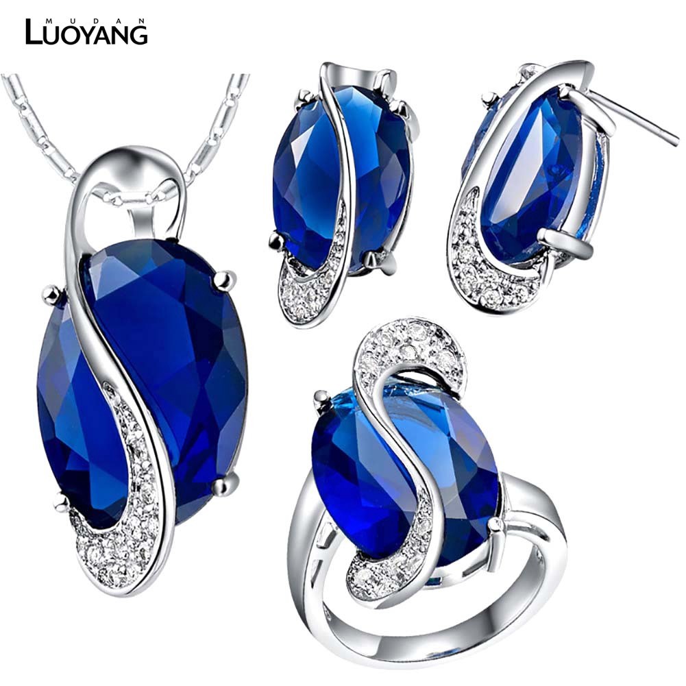 Set trang sức vòng cổ nhẫn mặt đá topaz cầu vồng Hàn Quốc