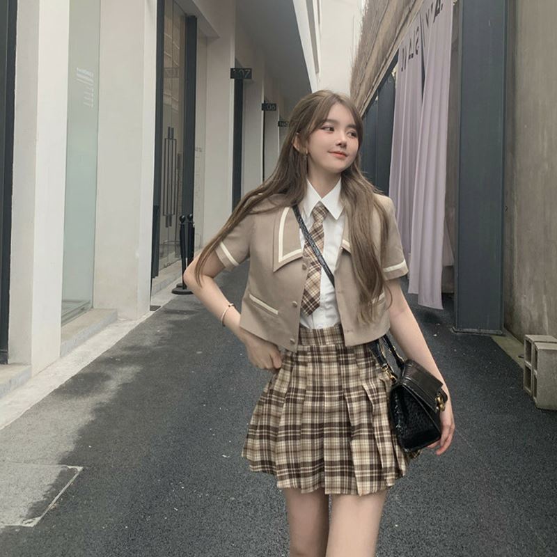 Cổ Phiếu Sẵn Sàng❣Bộ Trang Phục Hai Mảnh Gồm Áo Sơ Mi Cổ POLO Tay Ngắn Phong Cách Preppy Kèm Cà Vạt + Chân Váy Xếp Ly 2022 Thời Trang Mùa Hè Cho Bạn Gái