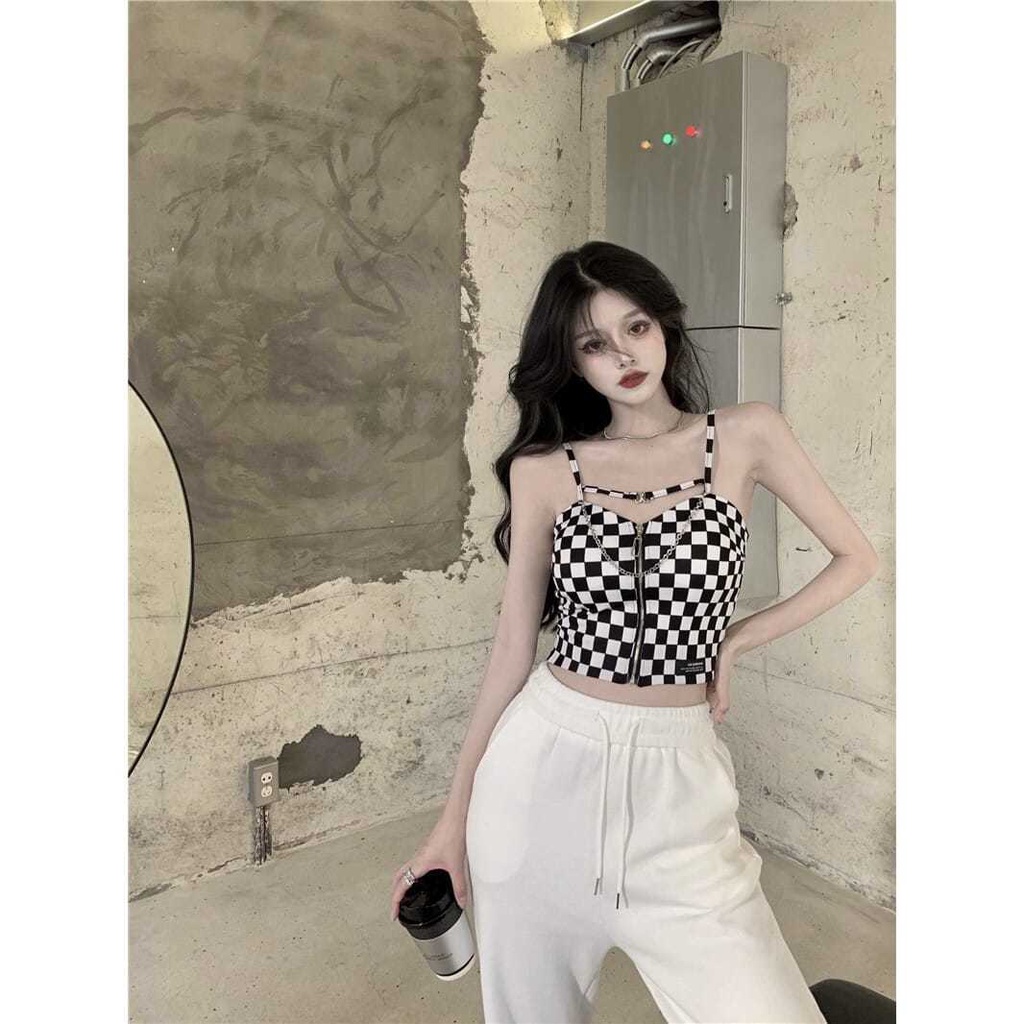 Jiashucheng Áo Yếm Ngắn Hai Dây Ôm Dáng Họa Tiết Kẻ Caro Phối Khóa Kéo Ngoài Dễ Phối Đồ Thời Trang Mùa Hè Cho Nữ Cha