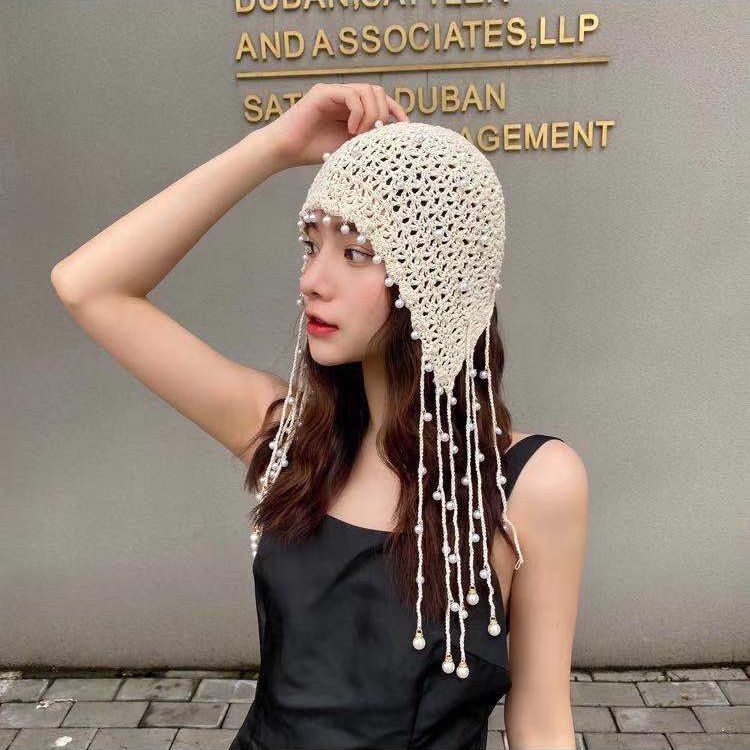 Mũ Turban dệt kim đính ngọc trai phong cách dân tộc cổ điển cho nữ