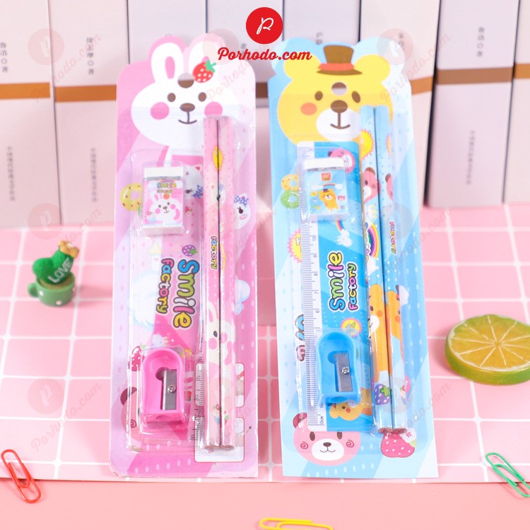 Set 5 dụng cụ học tập dễ thương dùng làm quà tặng cho bé gồm 2 bút chì+ thước + gôm + gọt chì VP2101208