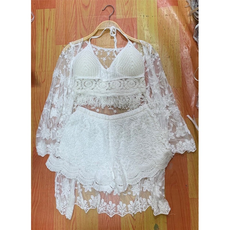 Set biển - set 3 món - bra hoa tròn tua rua + quần cạp nhỏ hoa đều + choàng ren hoa nhỏ (có tách rời)