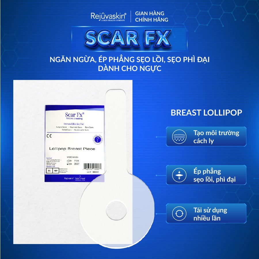 Miếng dán xóa mờ sẹo phẫu thuật ngực Scar FX Breast Lollipop của REJUVASKIN