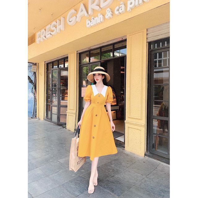 Đầm Vàng Vintage nút gỗ cổ sơ mi