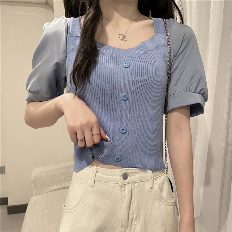 Áo thun ZHELIHANGFEI dệt kim tay phồng cổ vuông thời trang mùa hè dành cho nữ