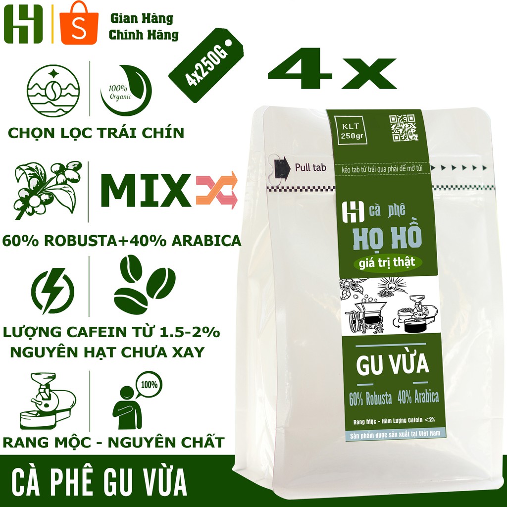 Cà phê rang xay Gu Vừa 1kg( 4x250g) - sự kết hợp tuyệt vời giữa arabica và robusta - xay sẵn pha phin - CÀ phê Họ Hồ