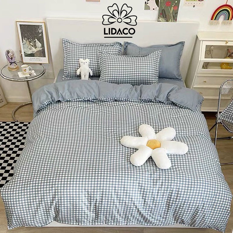 Bộ chăn ga gối cotton poly Lidaco decor phòng ngủ vintage - Kẻ ô xanh dương (SP001454)