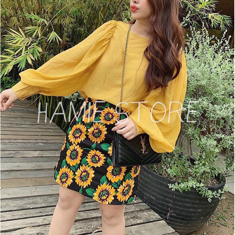 Set bộ chân váy chữ A hoa cúc kết hợp áo tay bồng màu vàng hottrend HSG107 set bộ cá tính set bộ công sở đi làm đi chơi