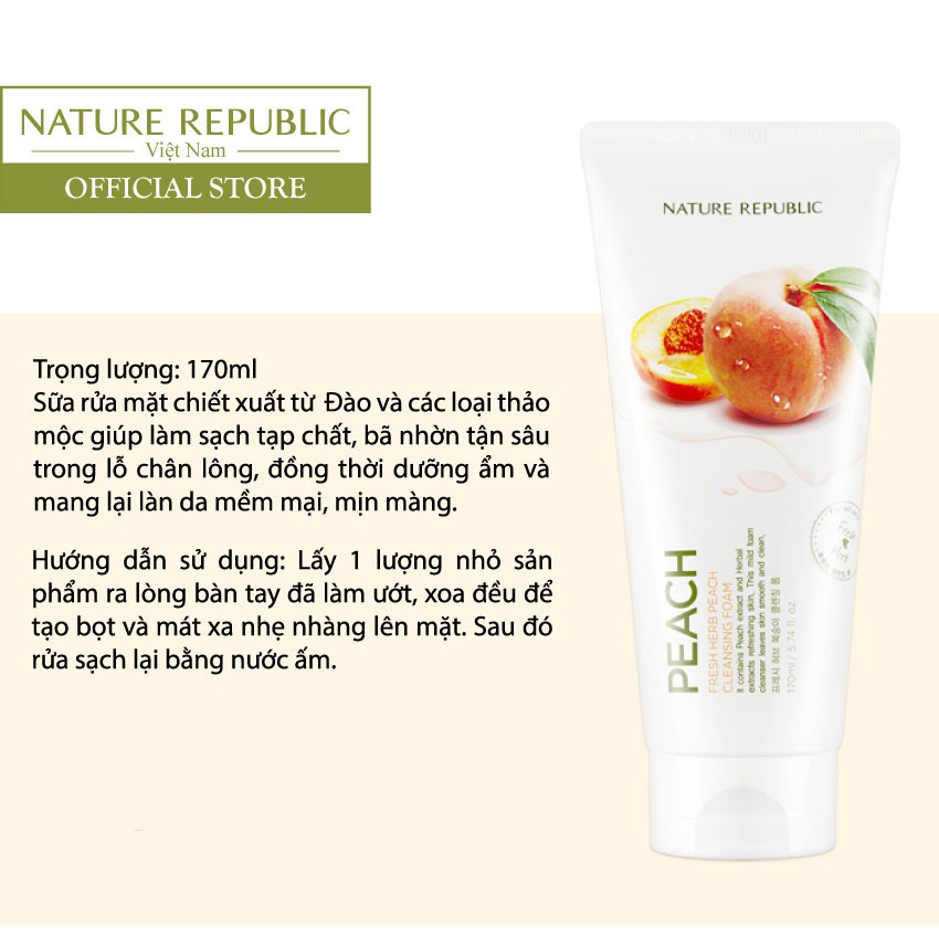 Sữa rửa mặt Đào NATURE REPUBLIC Fresh Herb Peach Cleansing Foam 170ml | BigBuy360 - bigbuy360.vn