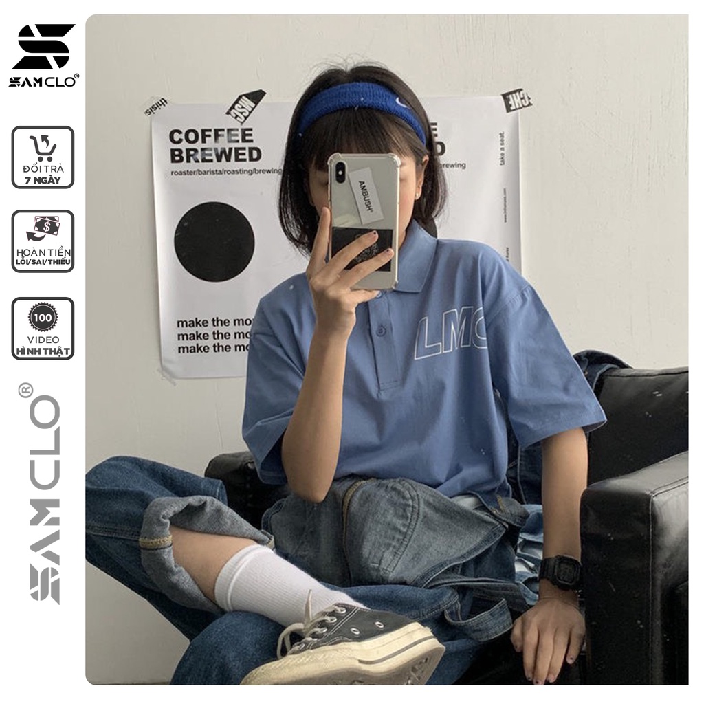 Áo thun Polo tay lỡ form rộng nữ SAM CLO phông freesize unisex mặc đi học, nhóm, lớp in chữ LMO