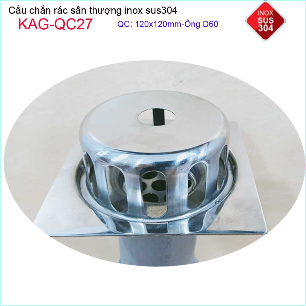 Cầu chắn rác đế vuông 12x12 D60 KAG-QC27, thoát nước sân thượng SUS304 ống 6cm thoát nhanh chắn rác tốt