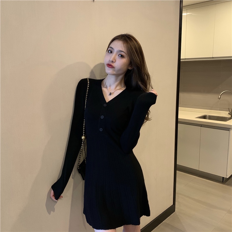 Đầm dệt kim ZHELIHANGFEI tay dài cổ chữ V thiết kế ôm sát tôn dáng cho nữ