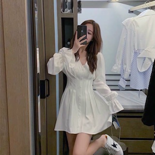 Đầm cổ tim xếp li eo tay dài 2 màu freesize dưới 50kg (kèm hình thật)